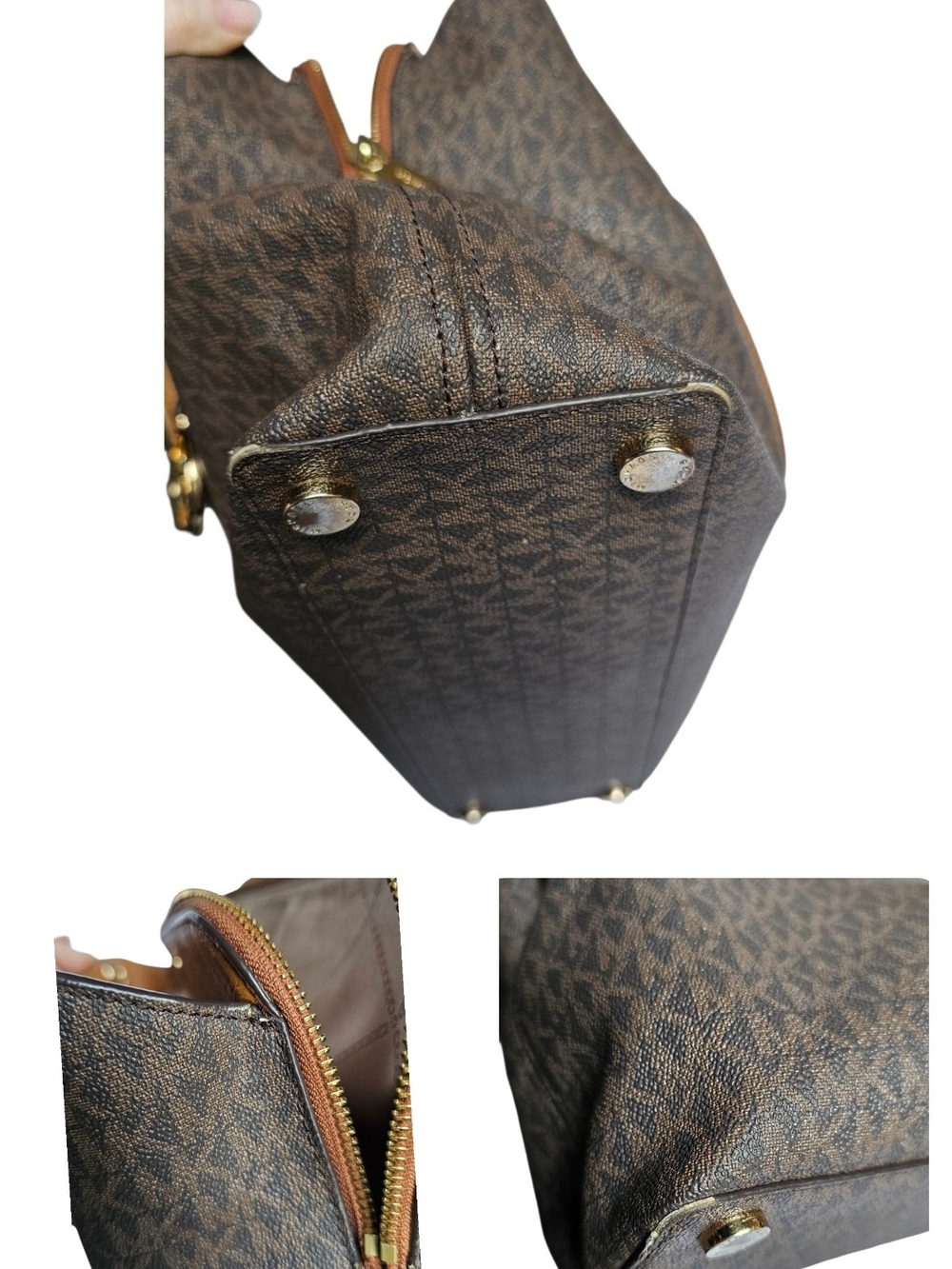 Michael Kors Brown Logo-Print Satchel with Tan Handles and Gold Hardware - Picture 3 of 8